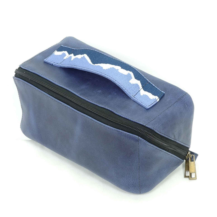 Guatemalan leather toiletry bag in a cobalt blue