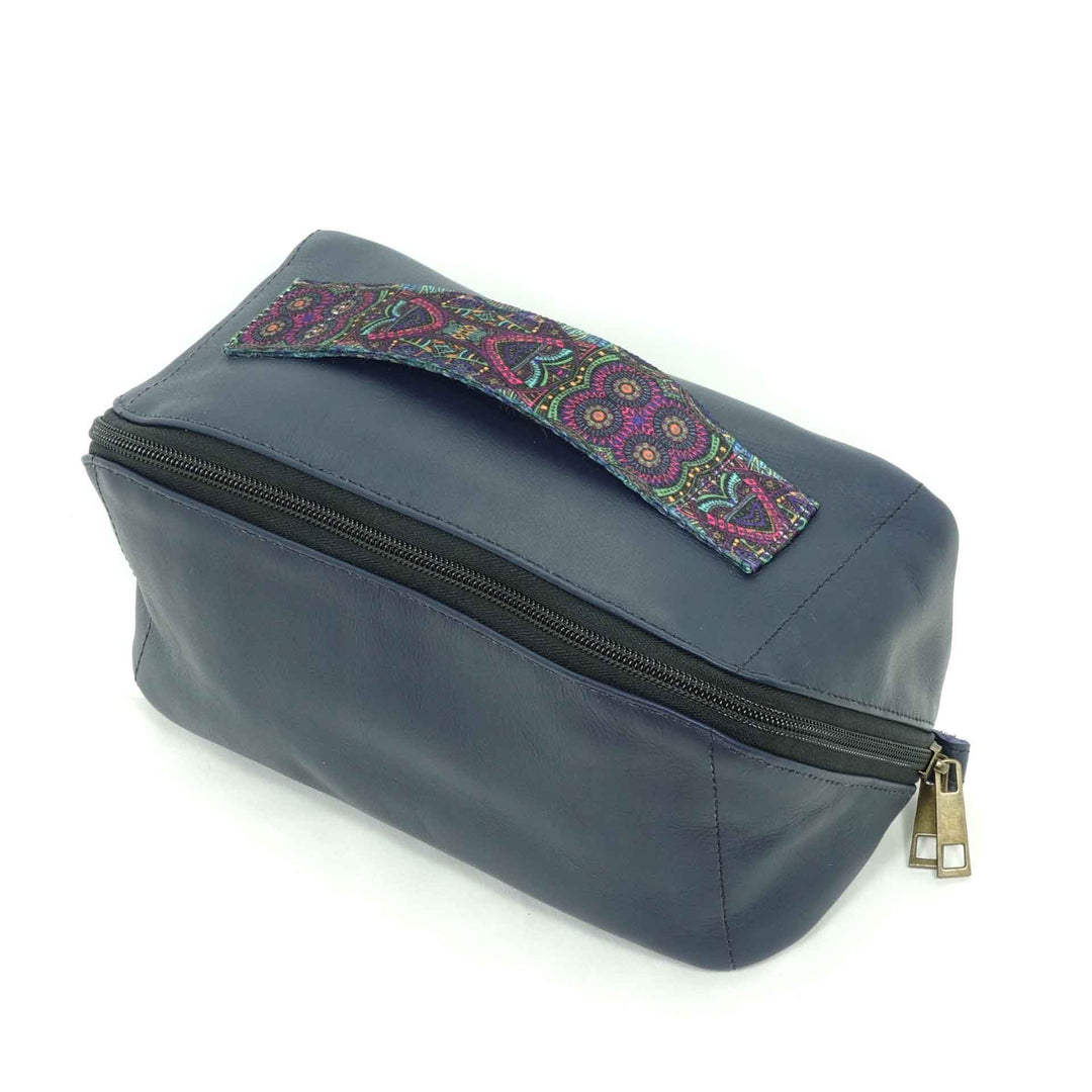 Guatemalan leather toiletry bag in an indigo blue