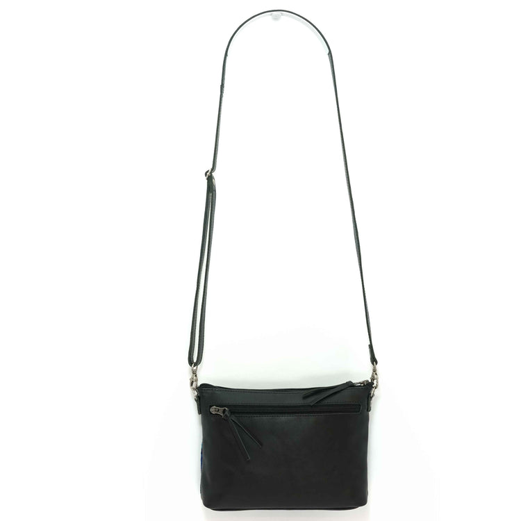 Artisan crafted crossbody bag, back view of black leather 