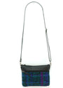 Artisan crafted Guatemalan crossbody bag in blue, green and purple plaid on a white background