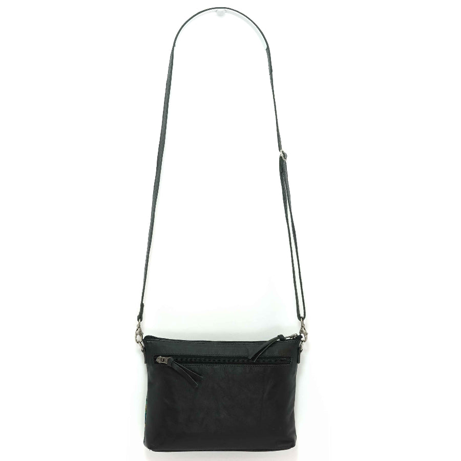 Black leather crossbody bag on a white background