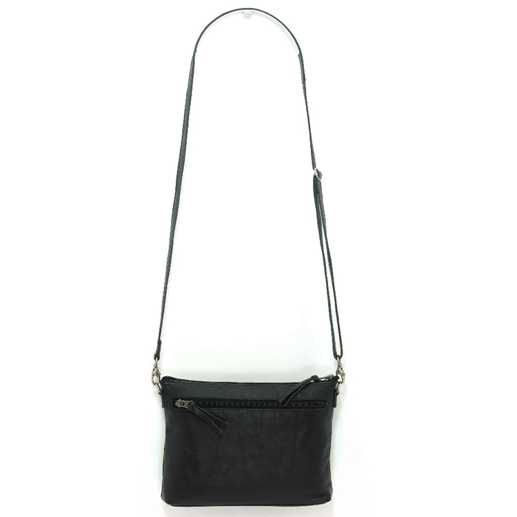 Black leather crossbody bag on a white background