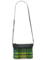 Artisan crafted Guatemalan crossbody bag in a green and yellow pattern with black leather accents
