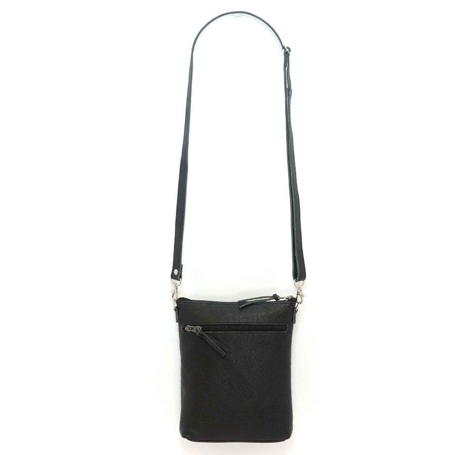 Black leather crossbody bag, back view
