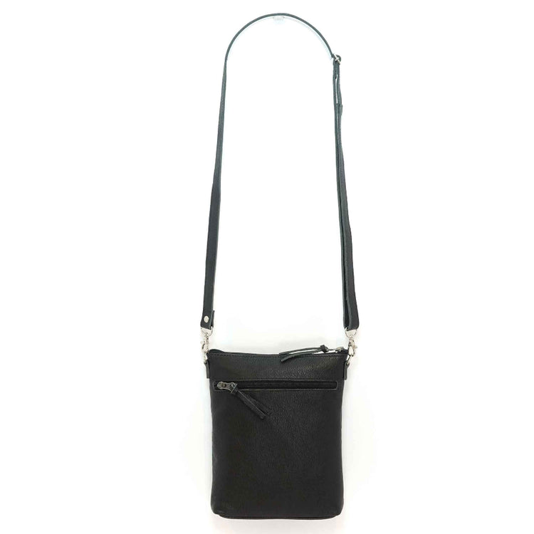 Black leather crossbody bag, back view