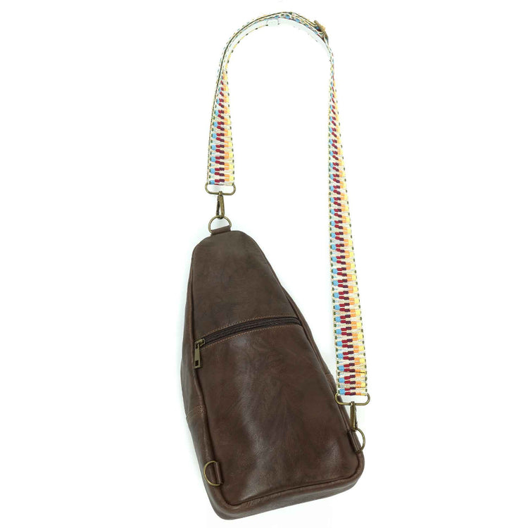 Artisanal leather sling bag in carob brown, back view.  Made in Guatemala