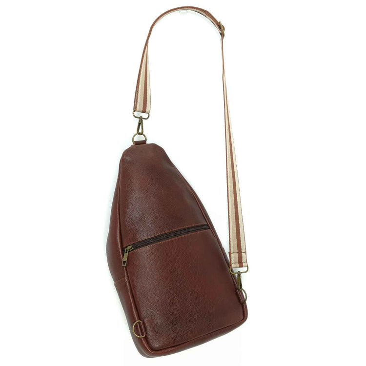 Artisanal leather sling bag in a chestnut brown, back view.  Made in Guatemala