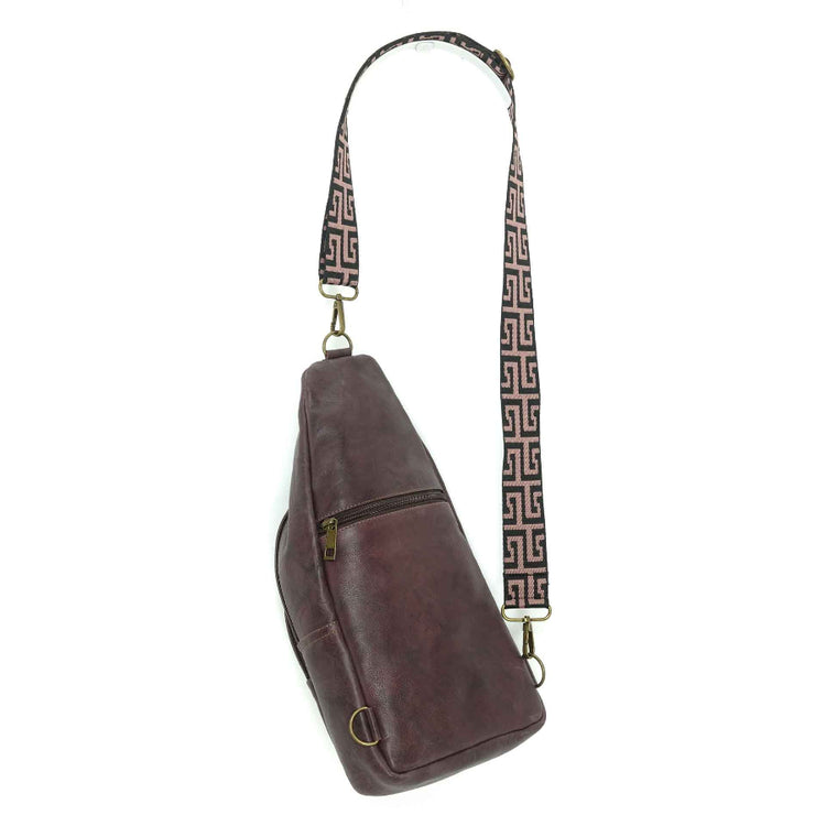 Aritsanal leather sling bag in merlot, back view.  Made in Guatemala