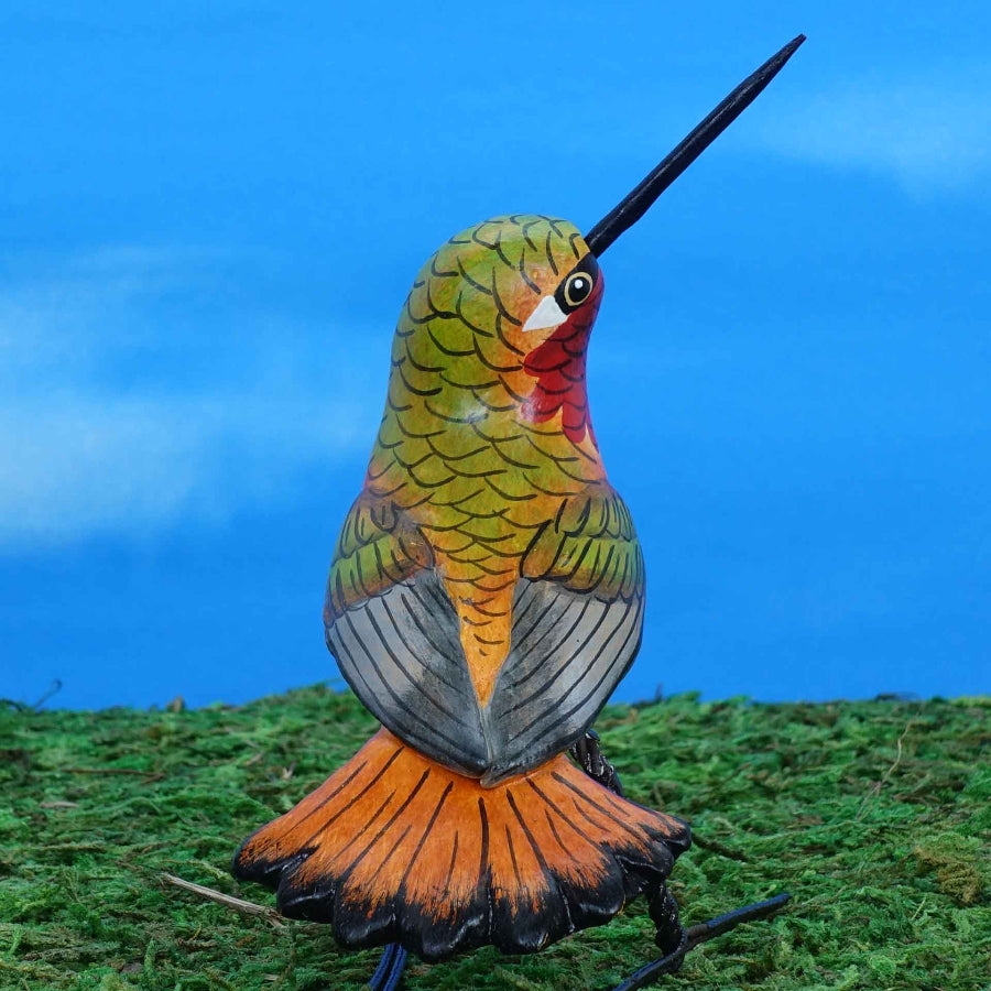Ceramic figurine of a Rufous Hummingbird, back view