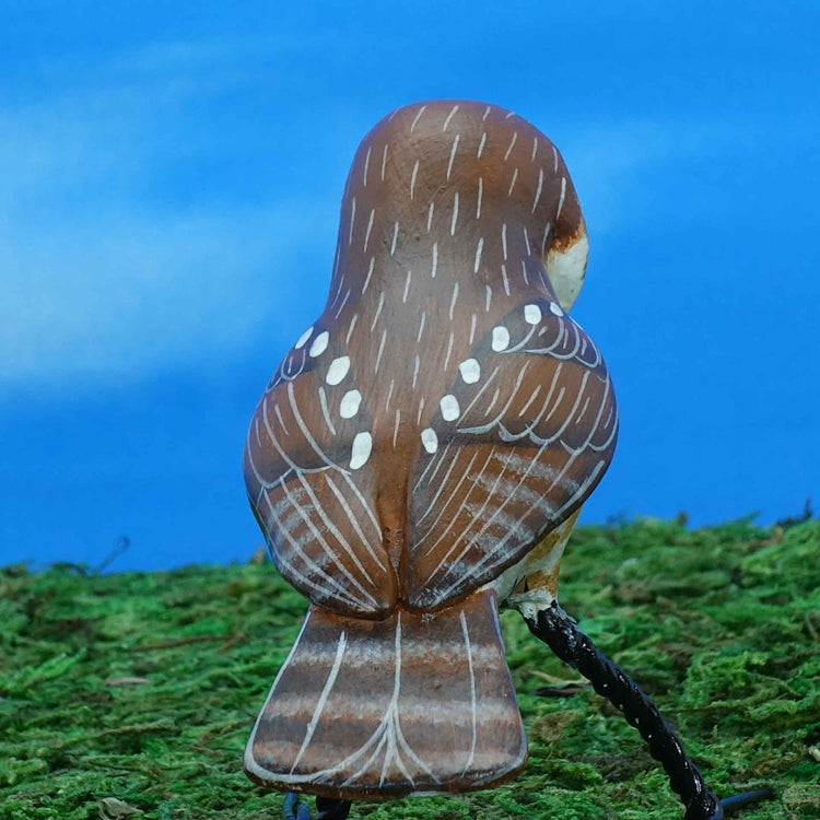 Ceramic Northern Saw Whet Owl figurine, back view