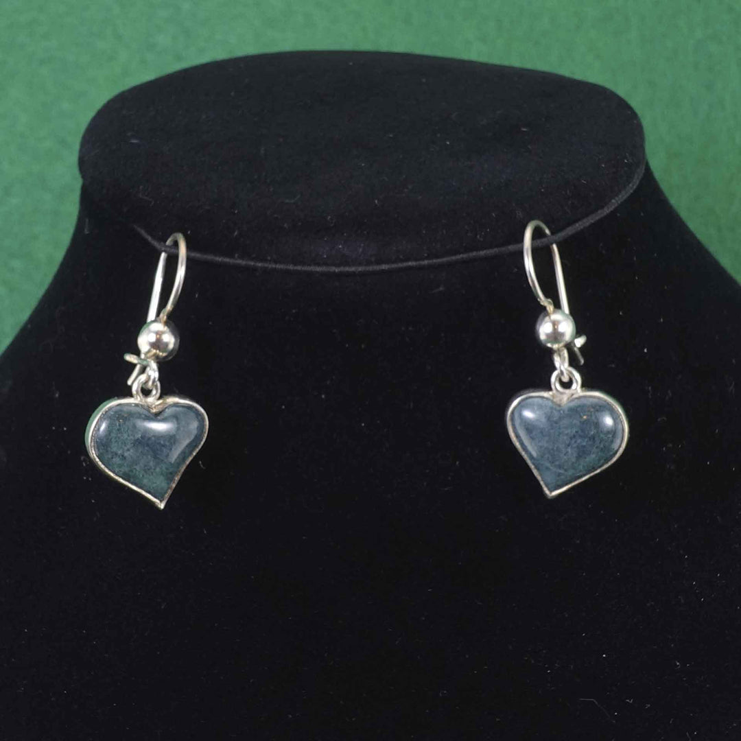 Green jade and silver heart shaped earrings