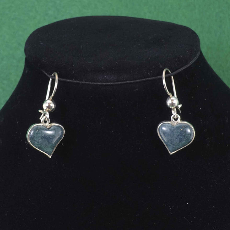 Green jade and silver heart shaped earrings