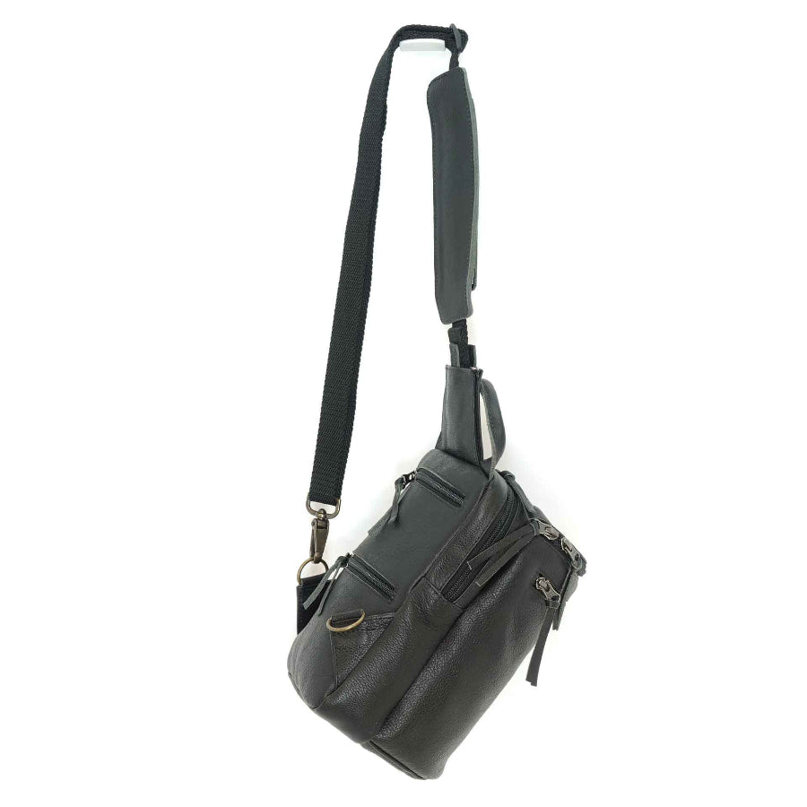 Handmade chest pack in black, side view