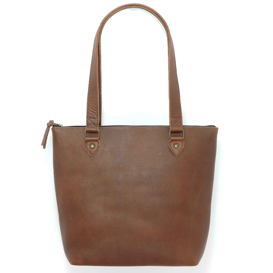 Handmade leather tote bag in cinnamon brown,back view; crafted in Guatemala