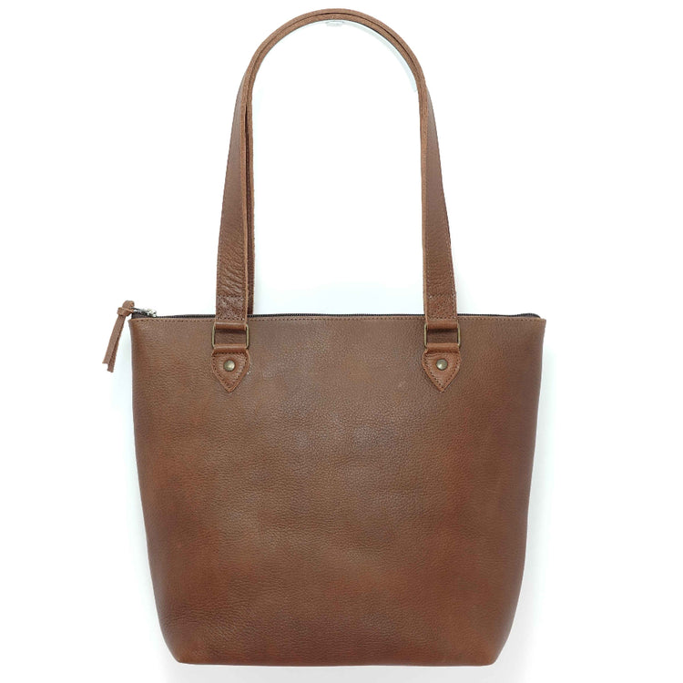 Handmade leather tote bag in cinnamon brown,back view; crafted in Guatemala