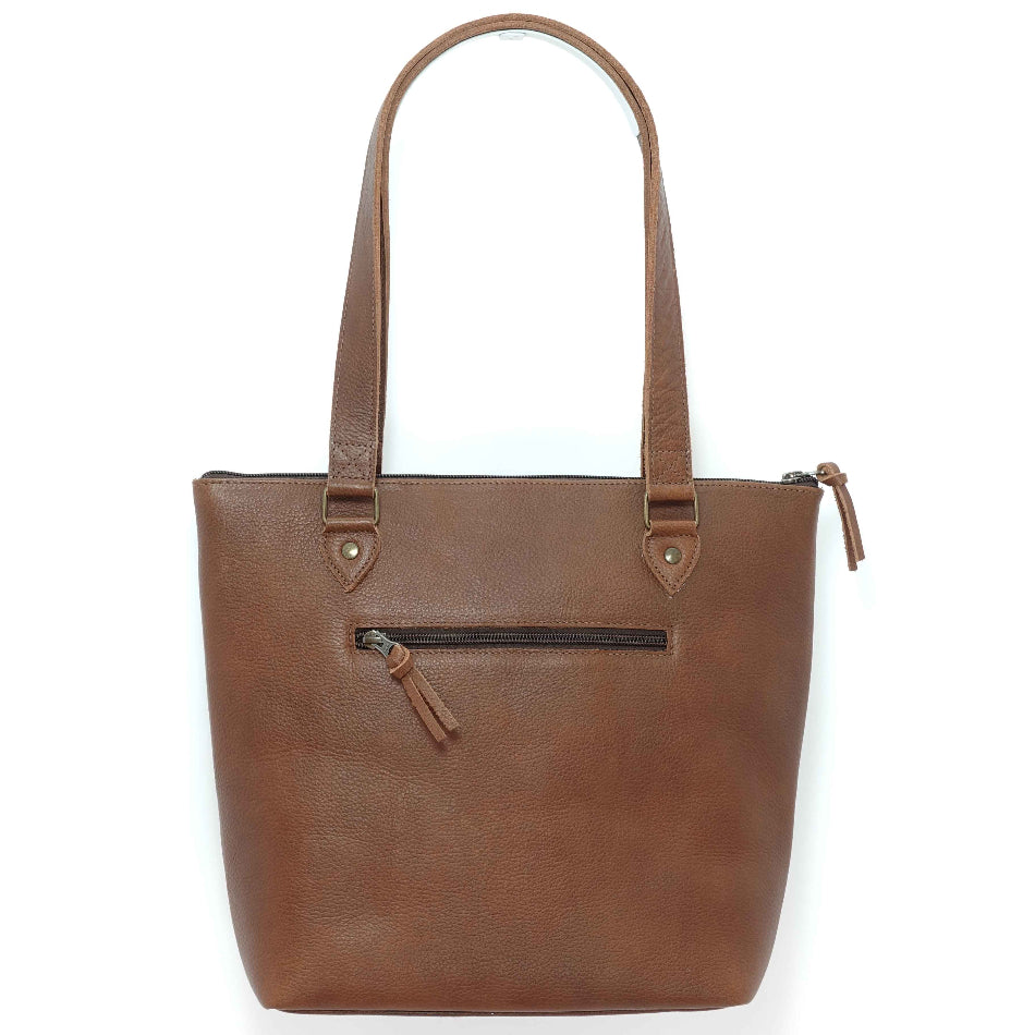 Handmade leather tote bag in cinnamon brown, crafted in Guatemala
