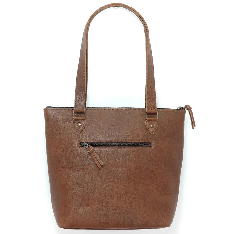 Handmade leather tote bag in cinnamon brown, crafted in Guatemala