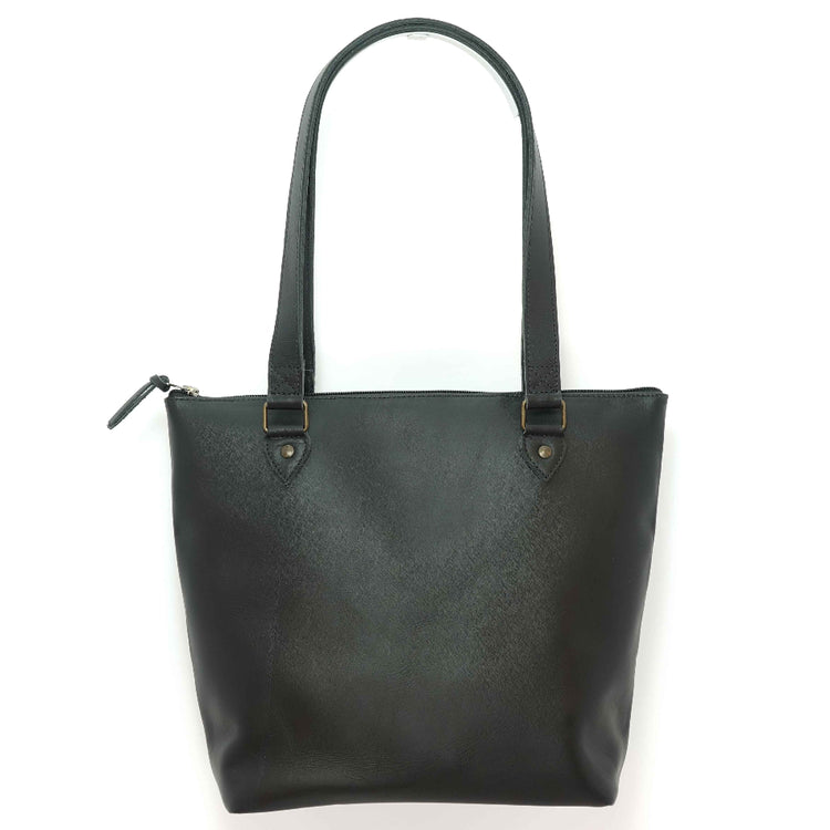 Handmade leather tote bag in ebony, black, back view; crafted in Guatemala