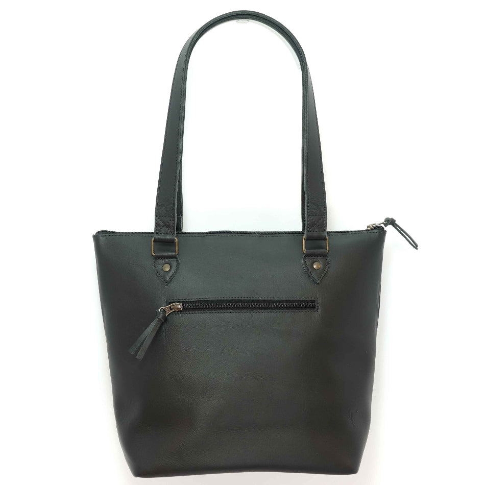 Handmade leather tote bag in ebony back, crafted in Guatemala