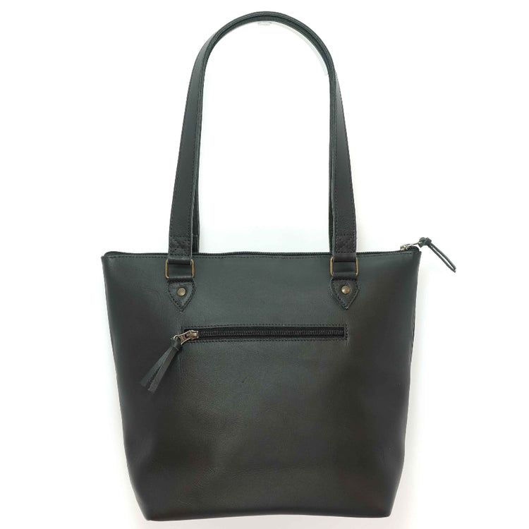 Handmade leather tote bag in ebony back, crafted in Guatemala