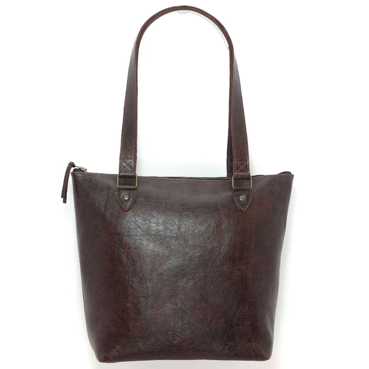 Handmade leather tote bag in merlot, back view, crafted in Guatemala