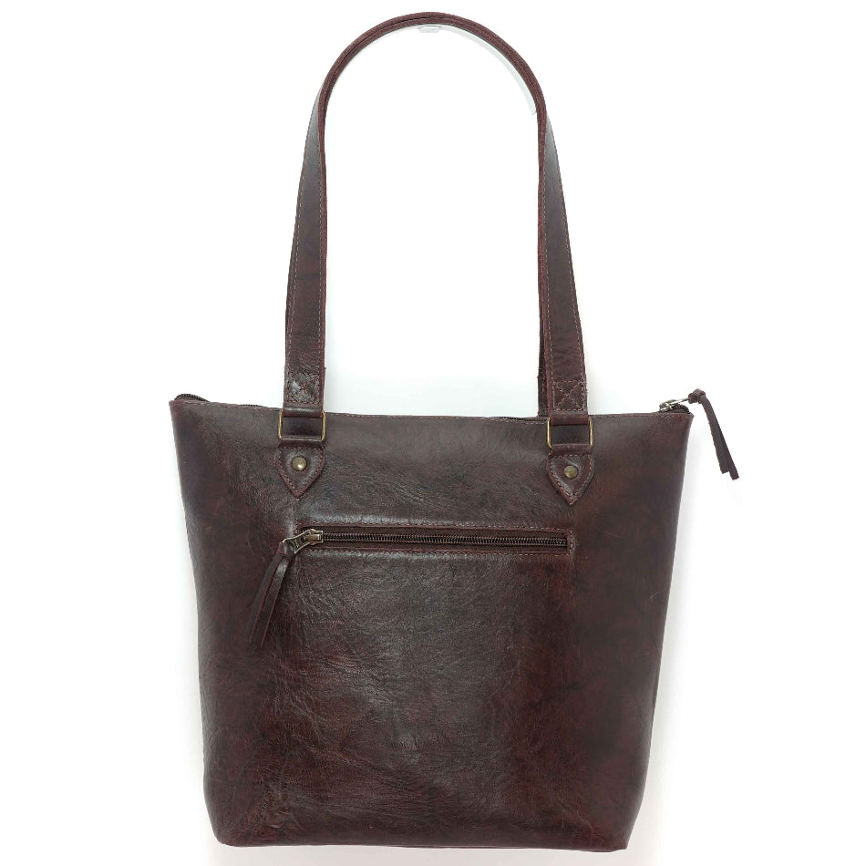 Handmade leather tote bag in merlot, crafted in Guatemala