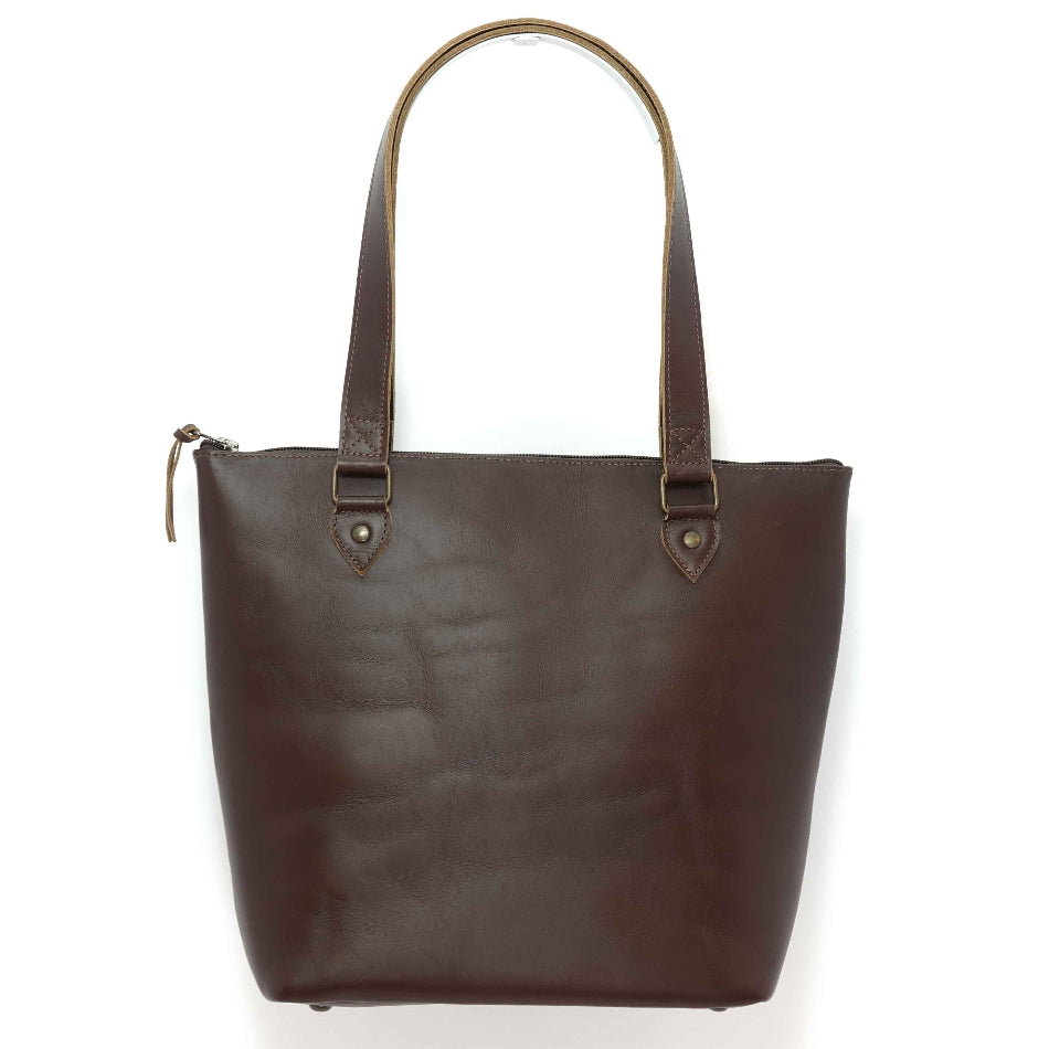 Handmade leather tote bag in mocha brown, back view; crafted in Guatemala