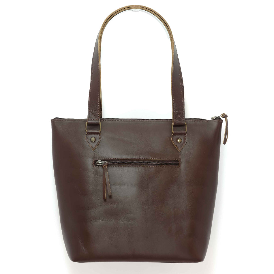 Handmade leather tote bag in mocha brown, crafted in Guatemala
