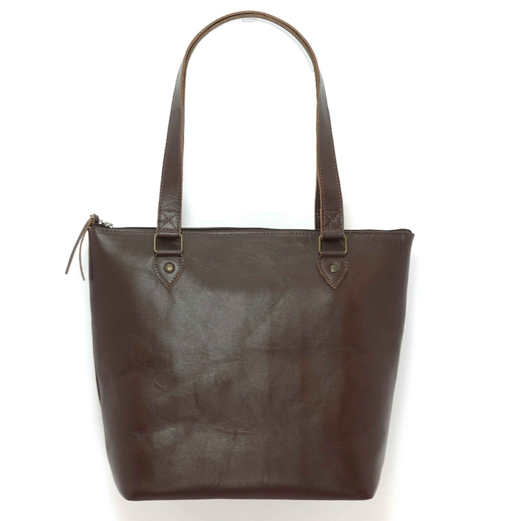 Handmade leather tote bag in pecan brown, back view; crafted in Guatemala