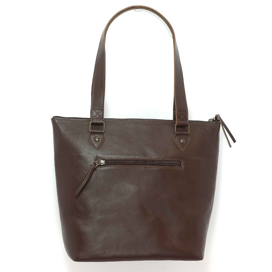 Handmade leather tote bag in pecan brown, crafted in Guatemala