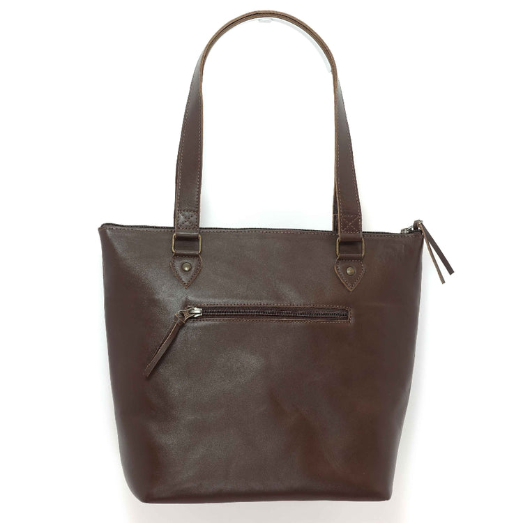 Handmade leather tote bag in pecan brown, crafted in Guatemala
