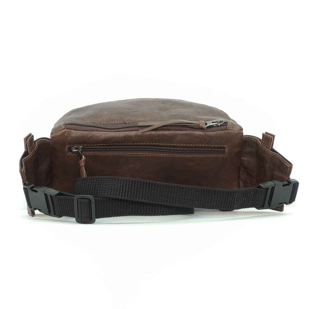 Handmade leather waist bag in carob brown- back view, crafted in Guatemala