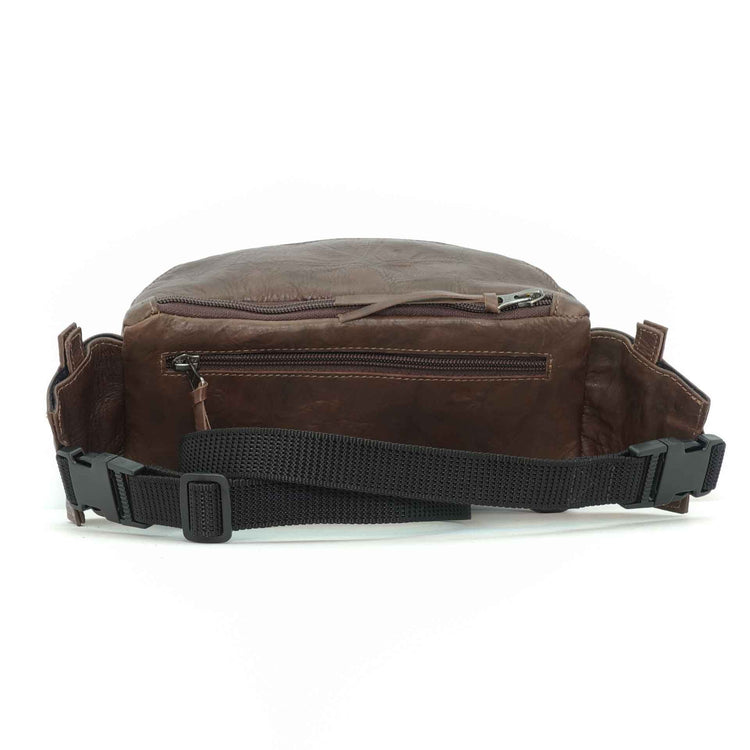 Handmade leather waist bag in carob brown- back view, crafted in Guatemala