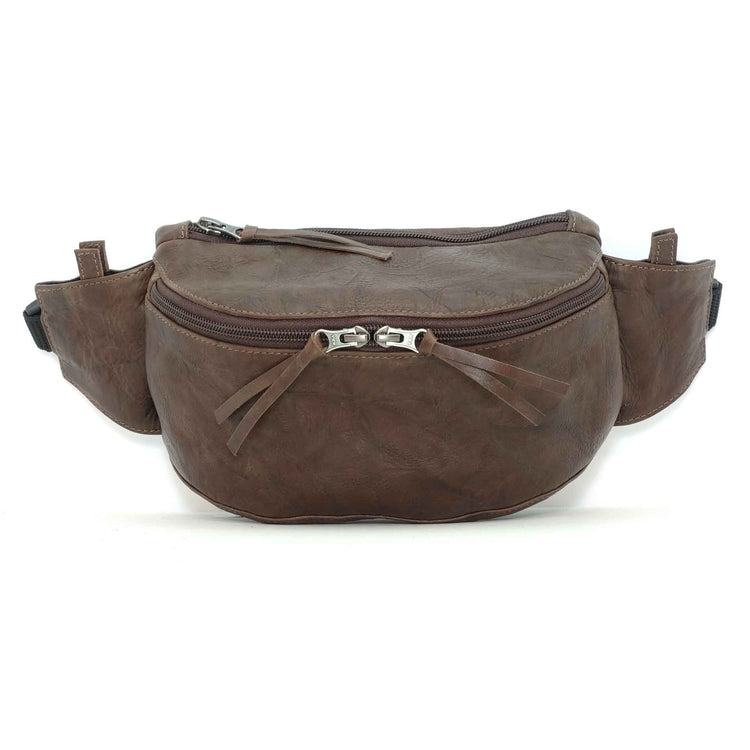 Handmade leather waist bag in carob brown- front view, crafted in Guatemala
