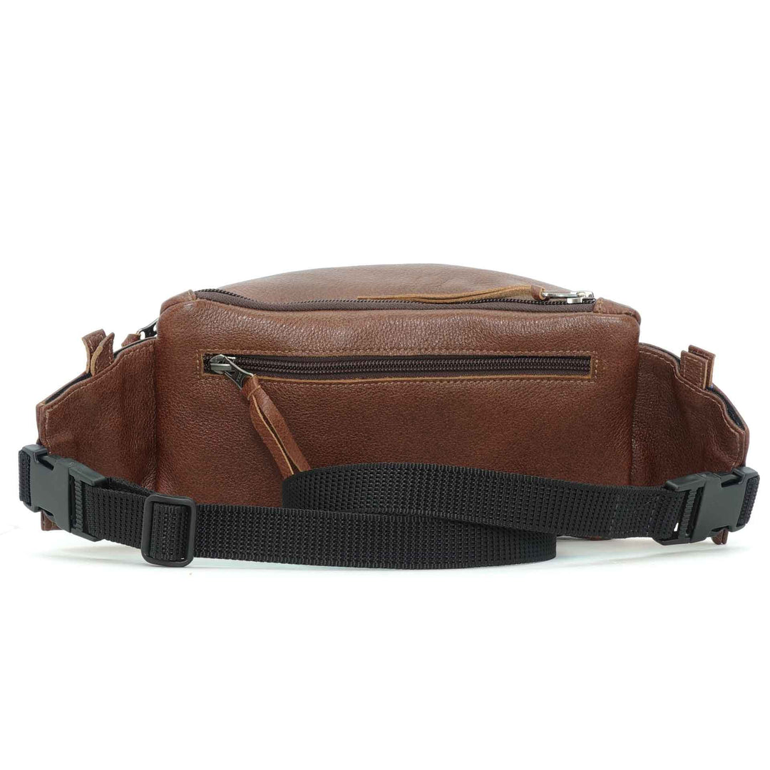 Handmade leather waist bag in cinnamon brown, back view, crafted in Guatemala