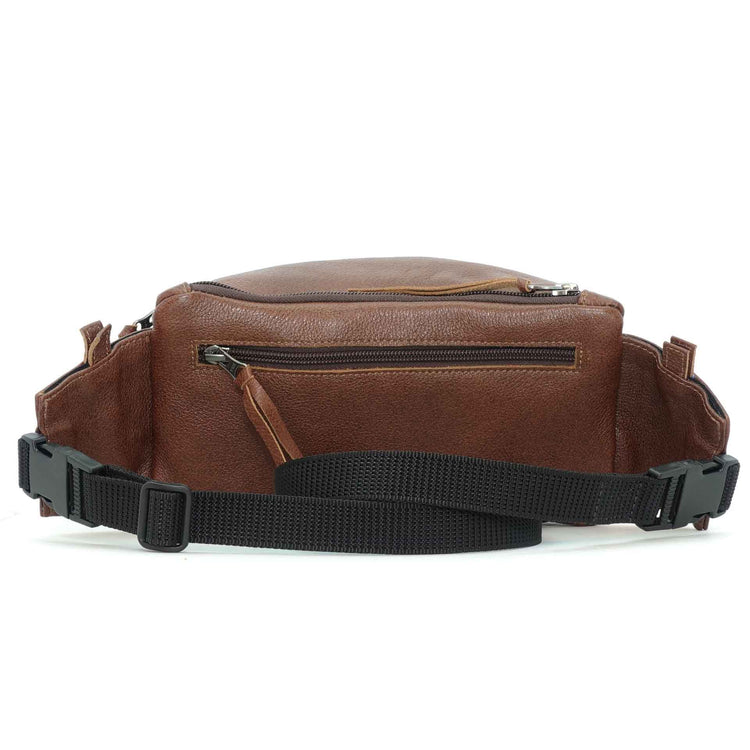 Handmade leather waist bag in cinnamon brown, back view, crafted in Guatemala