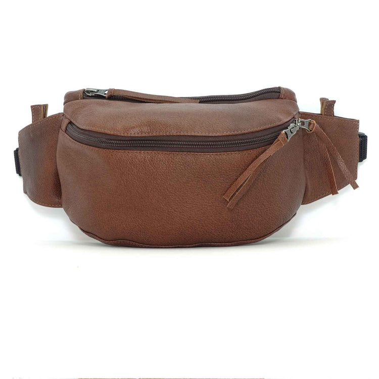 Handmade leather waist bag in cinnamon brown, front view, crafted in Guatemala