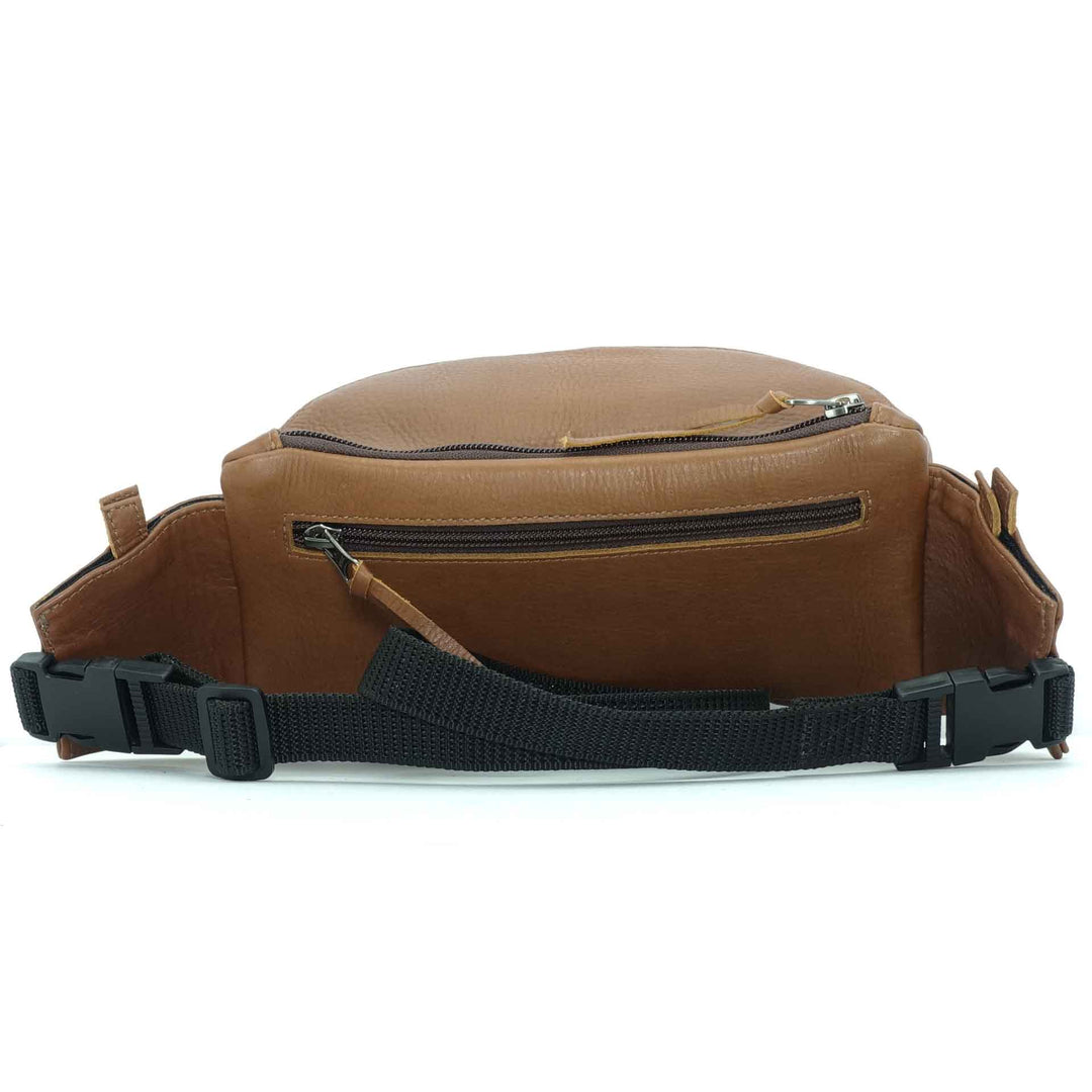 Handmade leather waist bag in cognac brown- back view, crafted in Guatemala