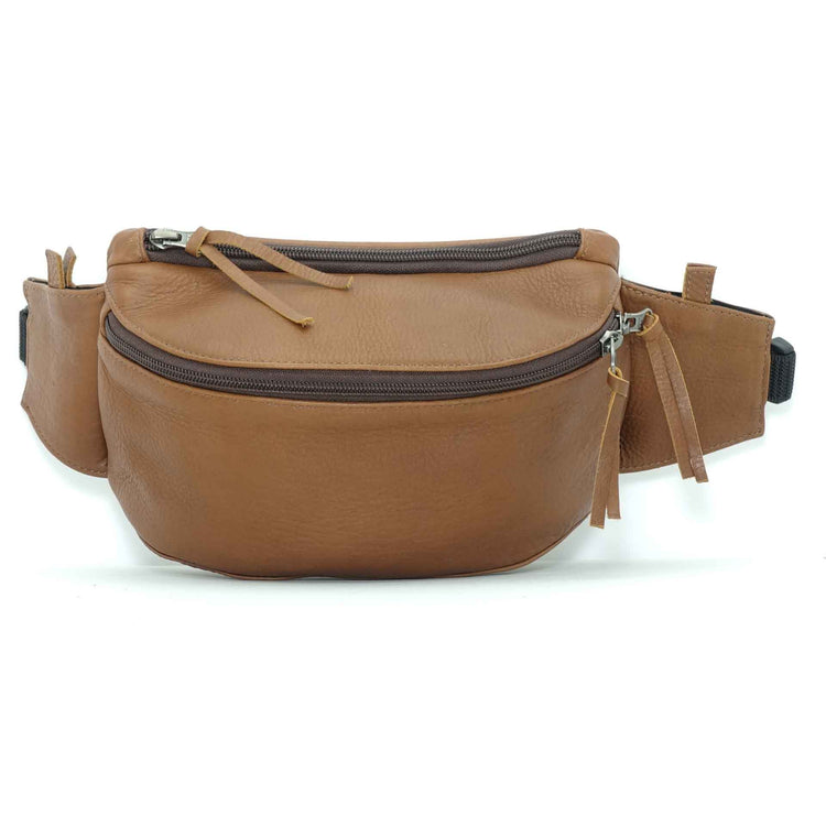 Handmade leather waist bag in cognac brown- front view, crafted in Guatemala