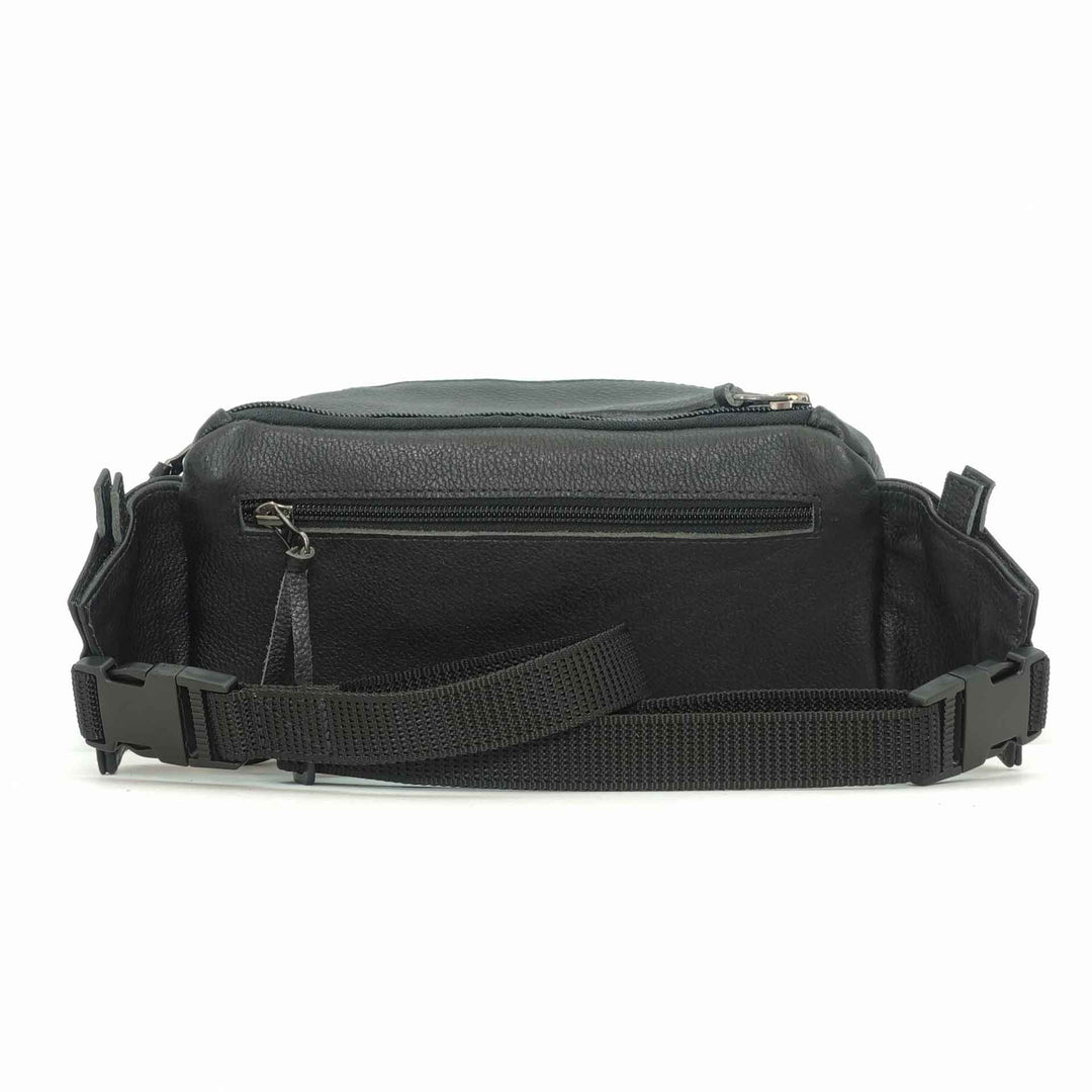 Handmade leather waist bag in ebony black- back view, crafted in Guatemala