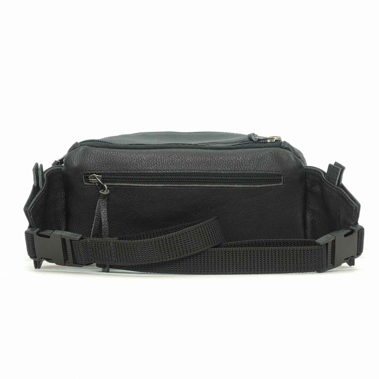 Handmade leather waist bag in ebony black- back view, crafted in Guatemala