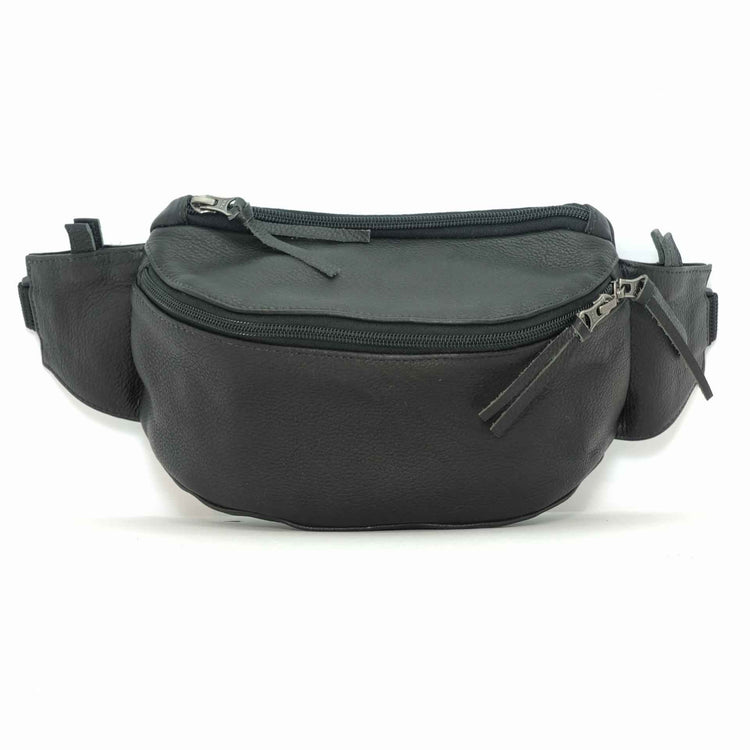 Handmade leather waist bag in ebony black- front view, crafted in Guatemala