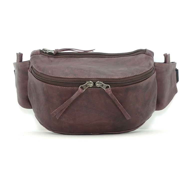 Handmade leather waist bag in merlot- front view, crafted in Guatemala