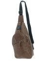 Leather sling bag in carob brown and black, front view.  Crafted in Guatemala