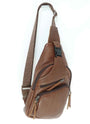 Leather sling bag in cinnamon brown, front view, artisan made in Guatemala