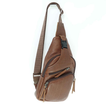 Leather sling bag in cinnamon brown, front view, artisan made in Guatemala